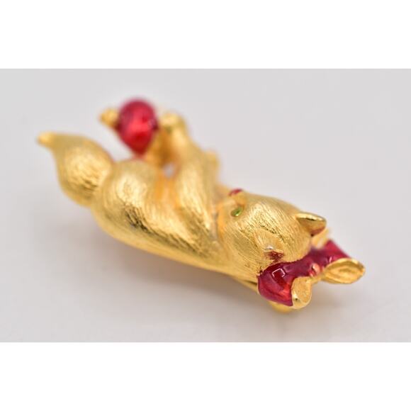 Vero Vintage Christmas Kitten Pin Brooch Cat Brushed Gold Red Bow Signed BinBP - Picture 7 of 12